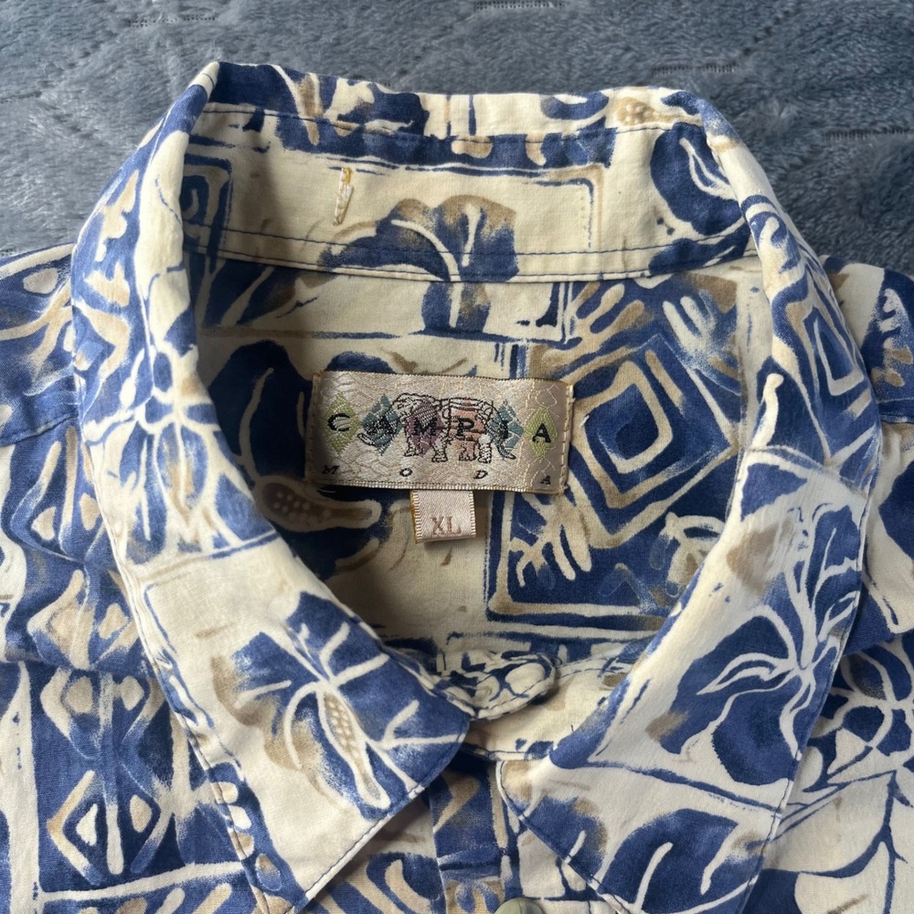 Campia Moda Button Front Shirt Mens XL Blue Cream Excellent Floral Block Print - Picture 3 of 6